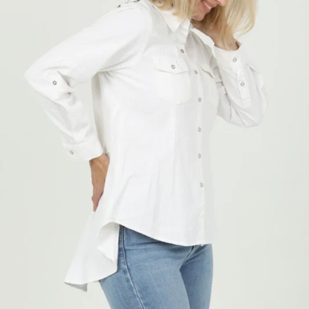 Boho Embroidered Top Floral Denim Women White SzL‎ High-Low - Picture 14 of 15